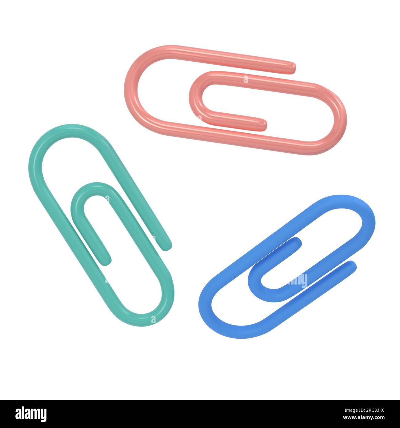 Drei Clips 3D Icon School. Volumetrisches Werkzeug für Papier und Dokumente. Stabiler Halter in Blau, Pink und Grün zum Anbringen von Zeichnungen und Skizzen. Heften Stockfoto