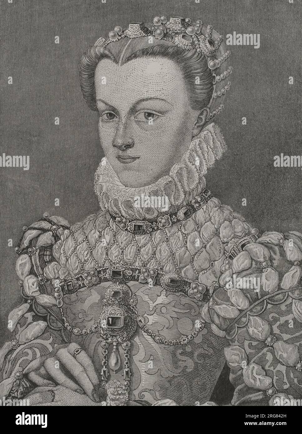 Elisabeth aus Osterreich (1554-1592). Erzherzogin von Österreich. Tochter von Kaiser Maximilian II. Und Maria von Österreich und Portugal. Königin Gemahlin Frankreichs (1570-1574) durch Heirat mit König Karl IX Porträt. Gravur von L. Dujardin nach dem Gemälde von Francois Clouet. "Los Héroes y las Grandezas de la Tierra". Band V. 1855. Autor: Louis Dujardin (1808-1859). Französischer Druckmacher. Stockfoto