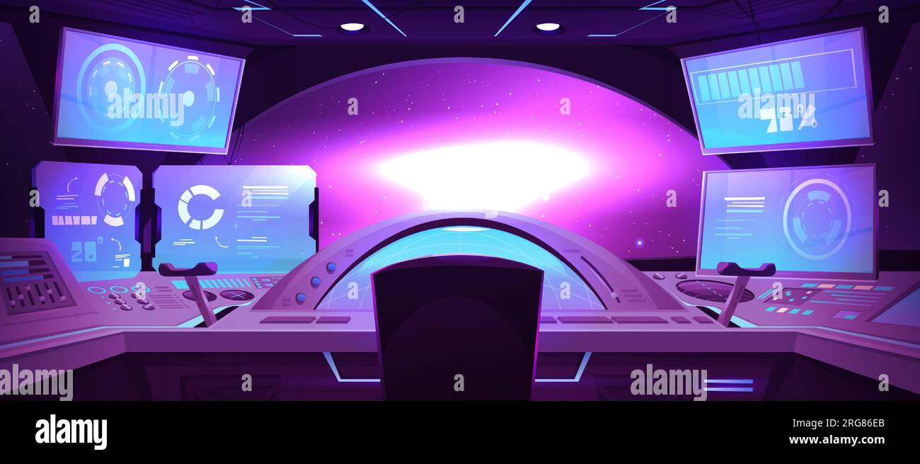 Raumschiff-Cockpit innen und Fenster-Cartoon-Vektorhintergrund. Raumschiffkabine mit futuristischem Bedienfeld und Kontrollstation für Astronauten oder Außerirdische. Abbildung der Benutzeroberfläche des Armaturenbretts im Shuttle Stock Vektor