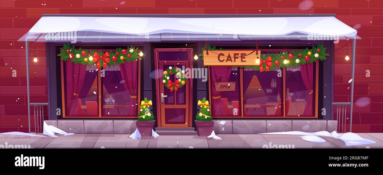 Weihnachtscafé mit Girlanden und Tannen. Vektorgrafik des Eingangs zum urbanen Café, rote Vorhänge, Tische, Stühle, die durch die Fenster gesehen werden, Schnee auf dem Dach, Urlaubsstimmung in der Stadt Stock Vektor
