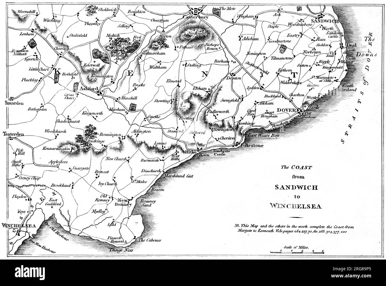 Eine Karte der Küste von Sandwich bis Winchelsea UK, gescannt mit hoher Auflösung von einem Buch, das 1806 gedruckt wurde. Glaubte, dass es keine Urheberrechte gibt Stockfoto