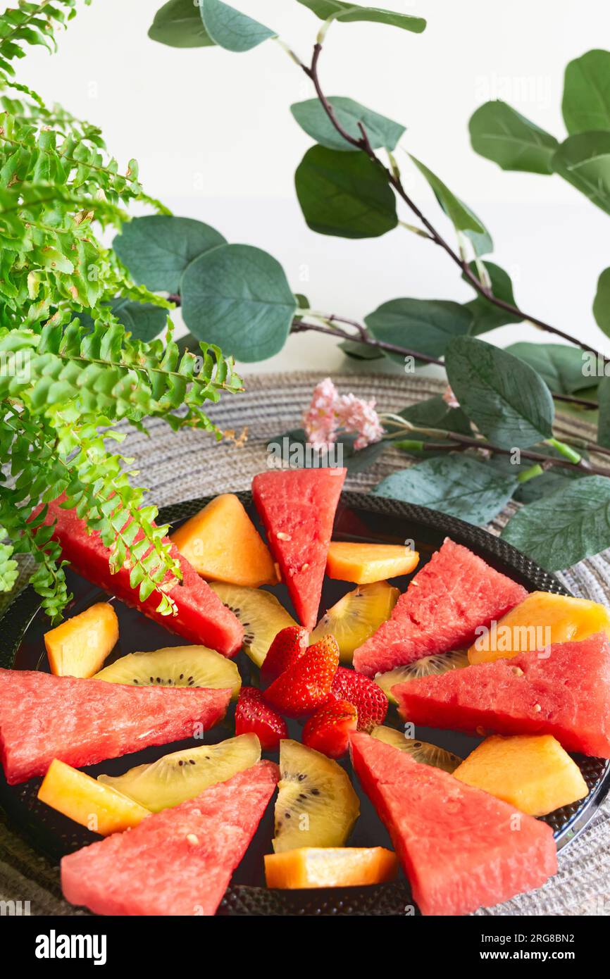 Scheiben von Wassermelonen, Cantaloupe, Kiwi und Erdbeeren werden auf einem schwarzen Teller angeordnet, um einen lebendigen Obstsalat zu kreieren, der perfekt für einen erfrischenden Sommer ist Stockfoto