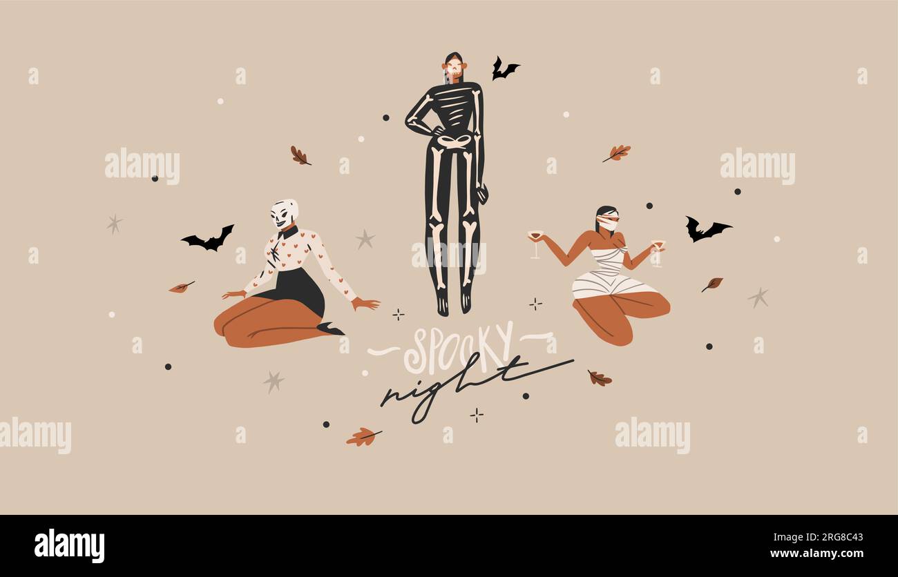 Handgezeichnete abstrakte Vektor Grafik Cliparts Illustrationen, Halloween Urlaub Kostüm Party Erwachsene Menschen Charaktere Sammlung Set.Gruseliges Halloween Stock Vektor