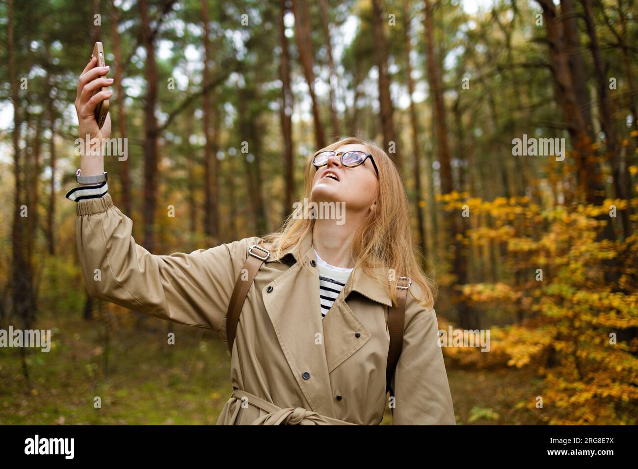 Eine Frau, die auf dem Mobiltelefon nach der Mobilfunkabdeckung sucht, steht in einem Herbstwald, ohne Service-Bildschirm Stockfoto