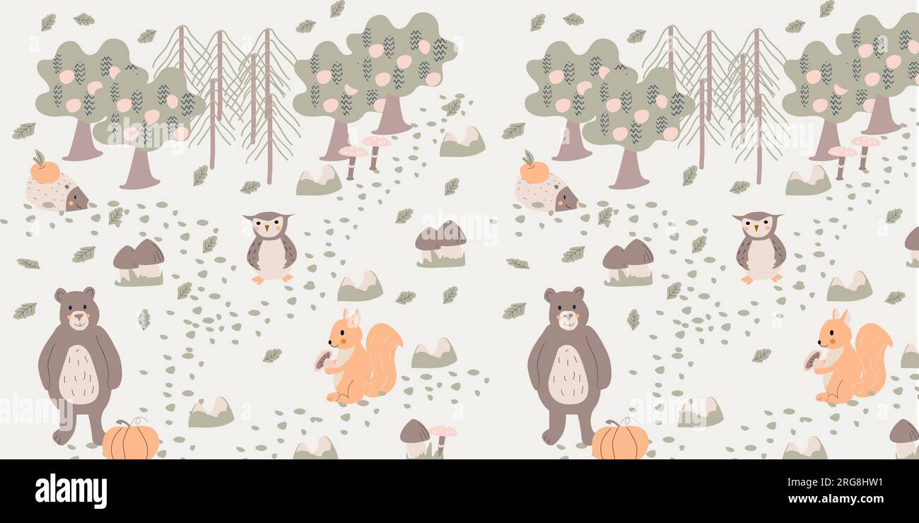 Nahtloses kindliches Muster mit Bär, Eichhörnchen, Eule Stock Vektor