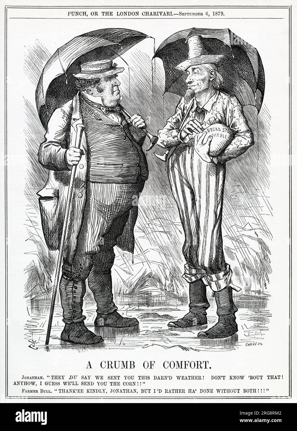 Cartoon, John Bull ist gezwungen, amerikanische Hilfe von Onkel Sam anzunehmen. Stockfoto