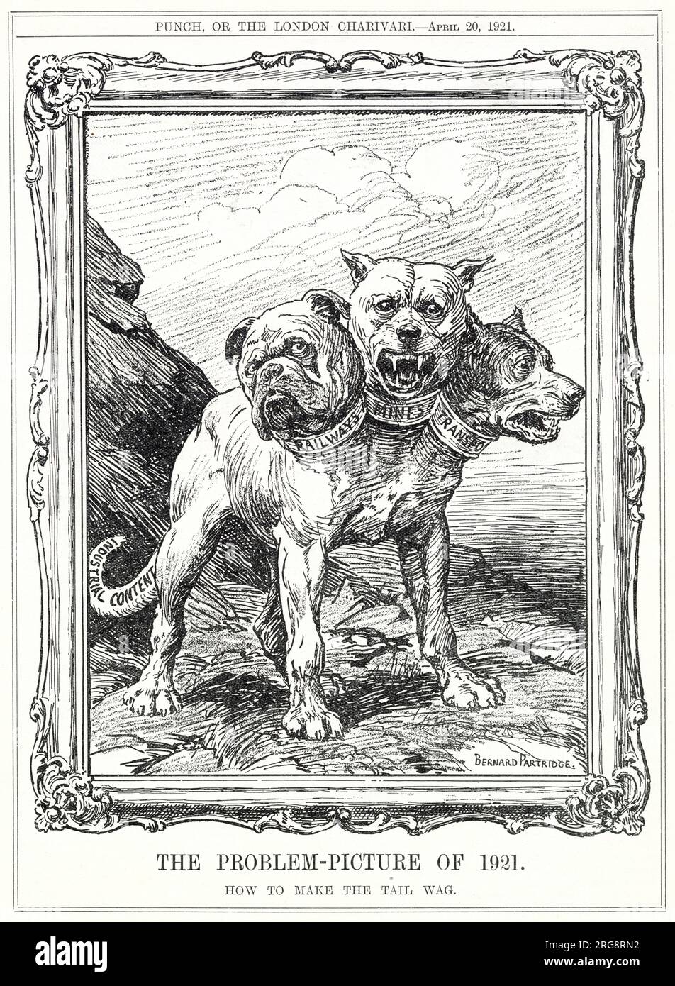 Cartoon, das Problembild von 1921, zeigt die "Dreifachallianz" von Eisenbahn, Bergbau und Verkehr als Cerberus, den dreiköpfigen Hund. Stockfoto