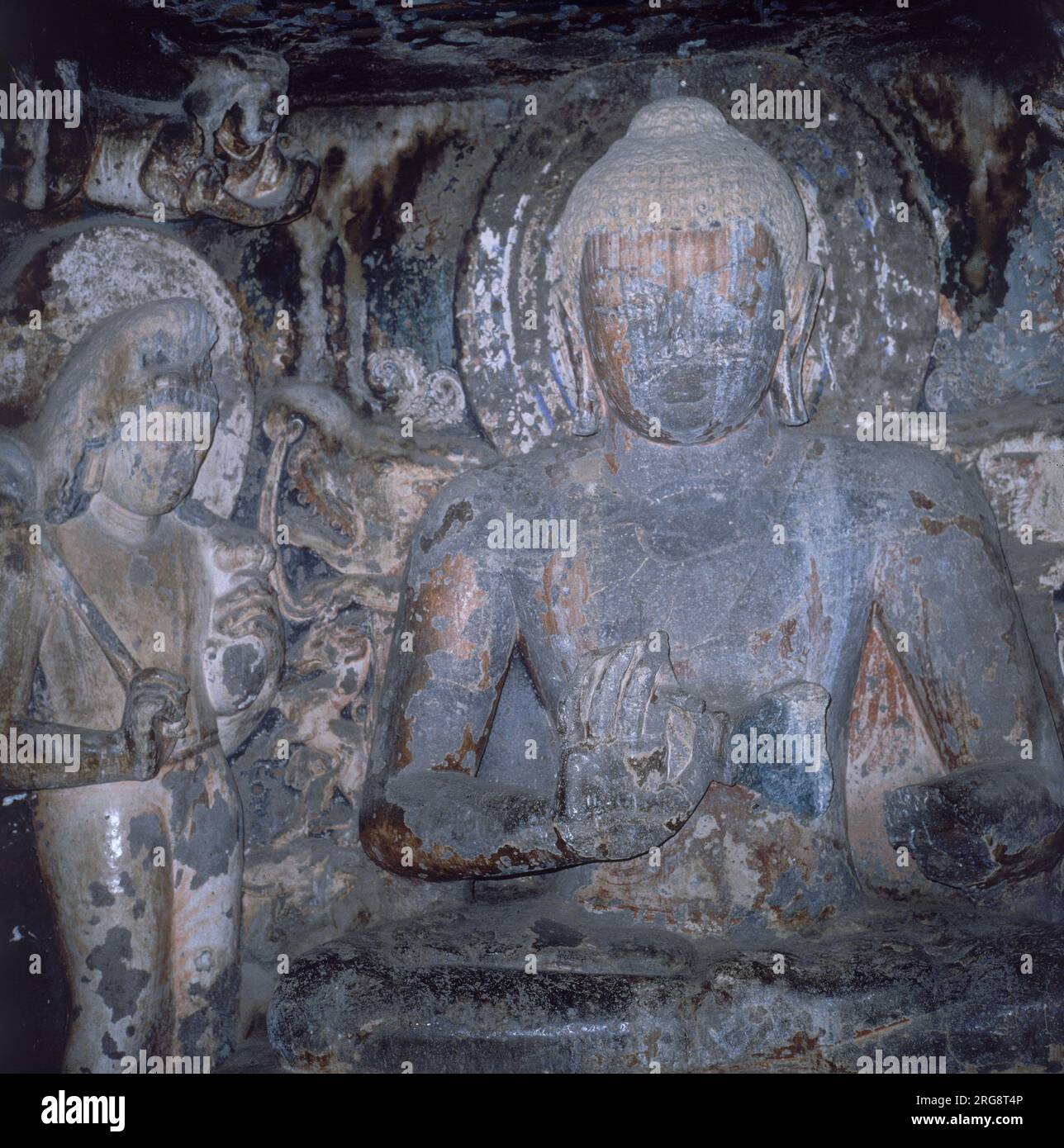 Darstellung des Buddha in einem Fresko in den Ajanta-Höhlen im Süden Zentralindiens Stockfoto