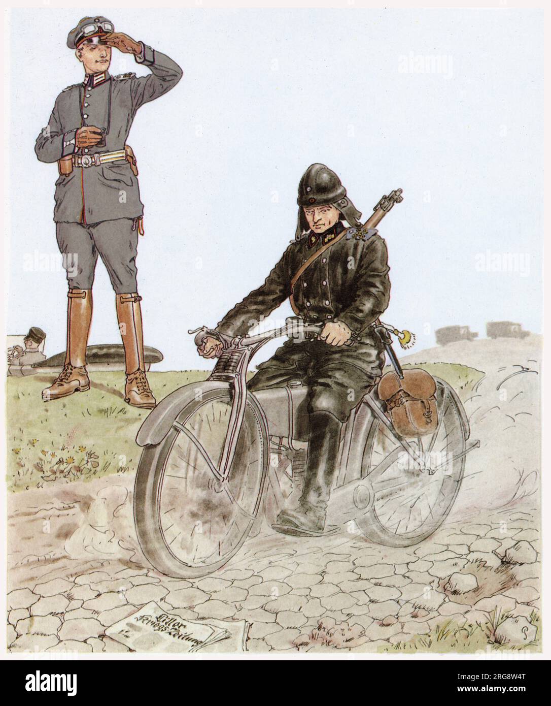 Ein Auslieferungsfahrer der württembergischen Streitkräfte der deutschen Armee fährt auf seinem Motorrad, das von einem Offizier beobachtet wird, mit. Stockfoto