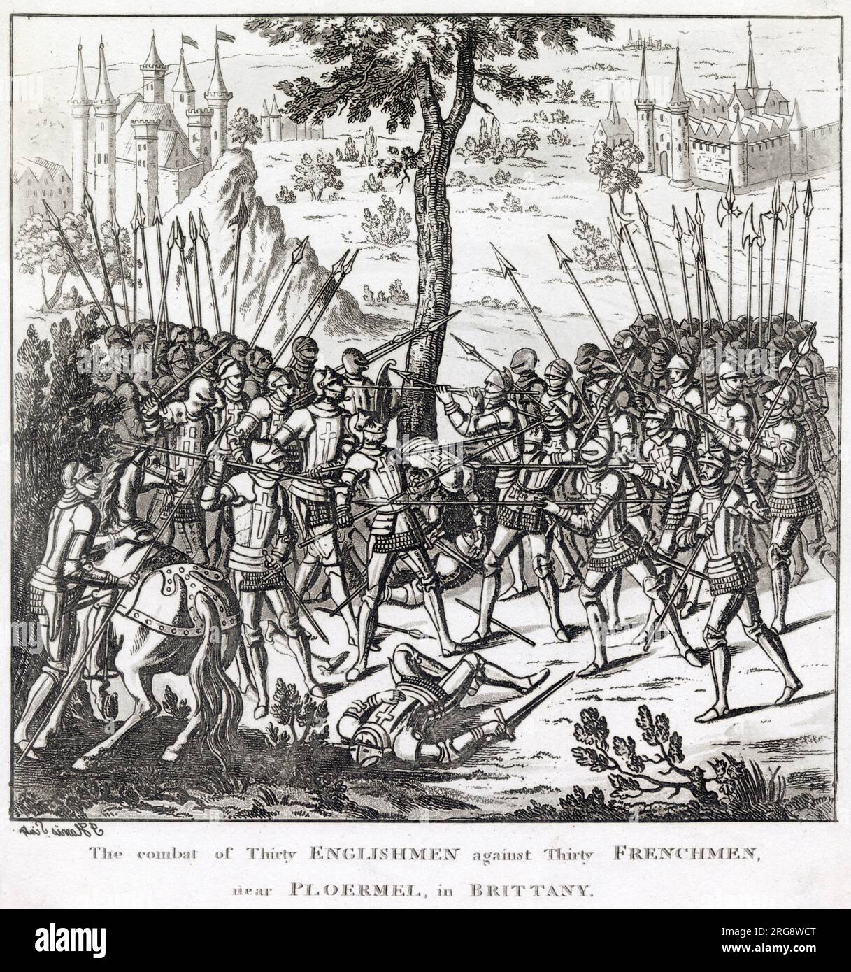 COMBAT DE TRENTE (Schlacht von dreißig), in der 30 Engländer 30 Franzosen in einem Nahkampf in Ploermel, Bretagne, engagierten Stockfoto