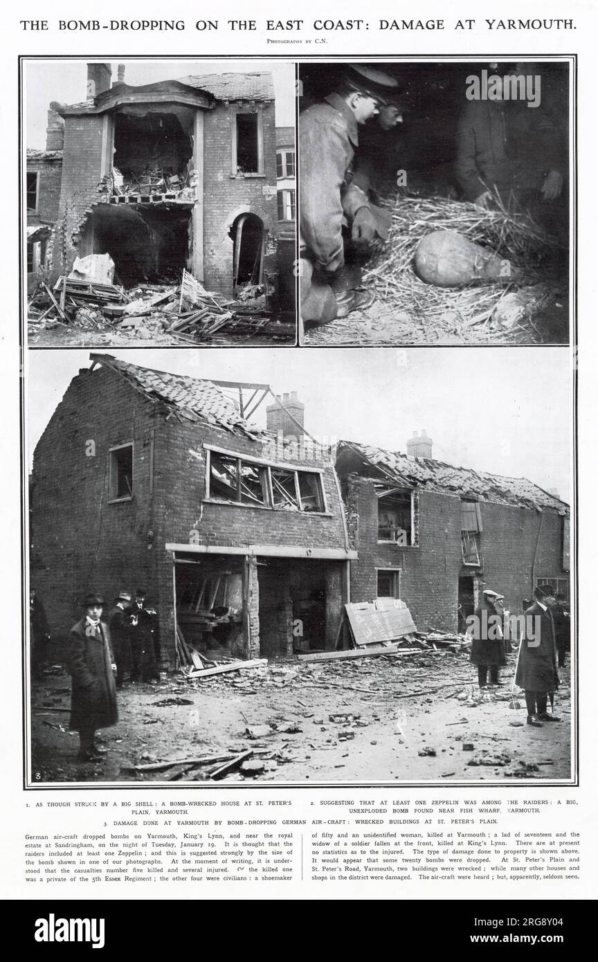 Der erste deutsche Luftangriff von drei Zeppelinen warf Bomben in Yarmouth, King's Lynn und in der Nähe des königlichen Anwesens in Sandringham in Norfolk ab, wobei Gebäude angezündet und Zivilisten getötet wurden. Stockfoto