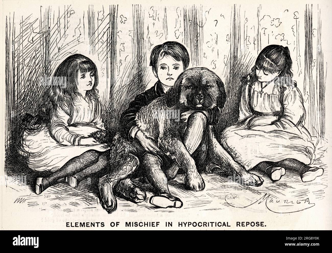 Cartoon, Elemente von Unfug in heuchlerischer Ruhe - drei Kinder und ein Hund. Mit anderen Worten, der Frieden und die Ruhe werden nicht lange anhalten. Stockfoto