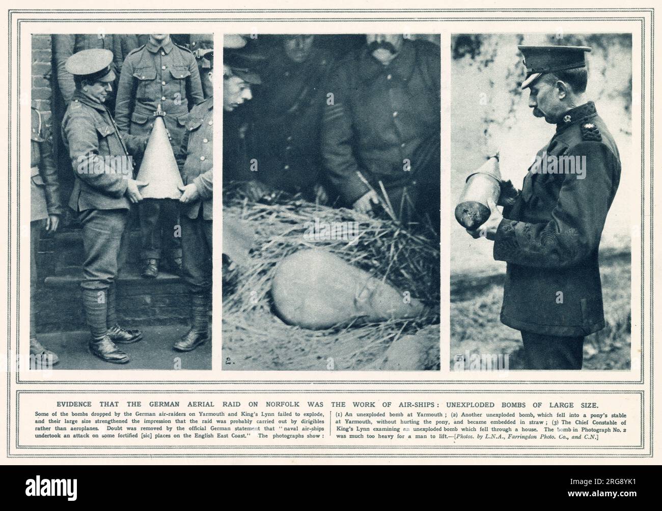 Große, nicht explodierte Bomben durch einen deutschen Luftangriff über Yarmouth und King's Lynn in Norfolk, in der Nacht vom 19. Januar 1915. Stockfoto