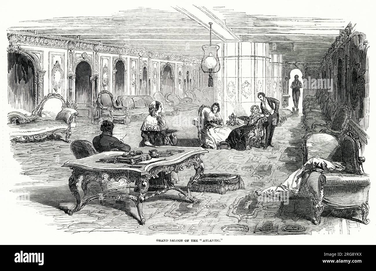 Der Grand Saloon des Atlantischen Dampfschiffs „Atlantic“ mit vielen Sofas, auf denen sich die Passagiere wohlfühlen können. Stockfoto