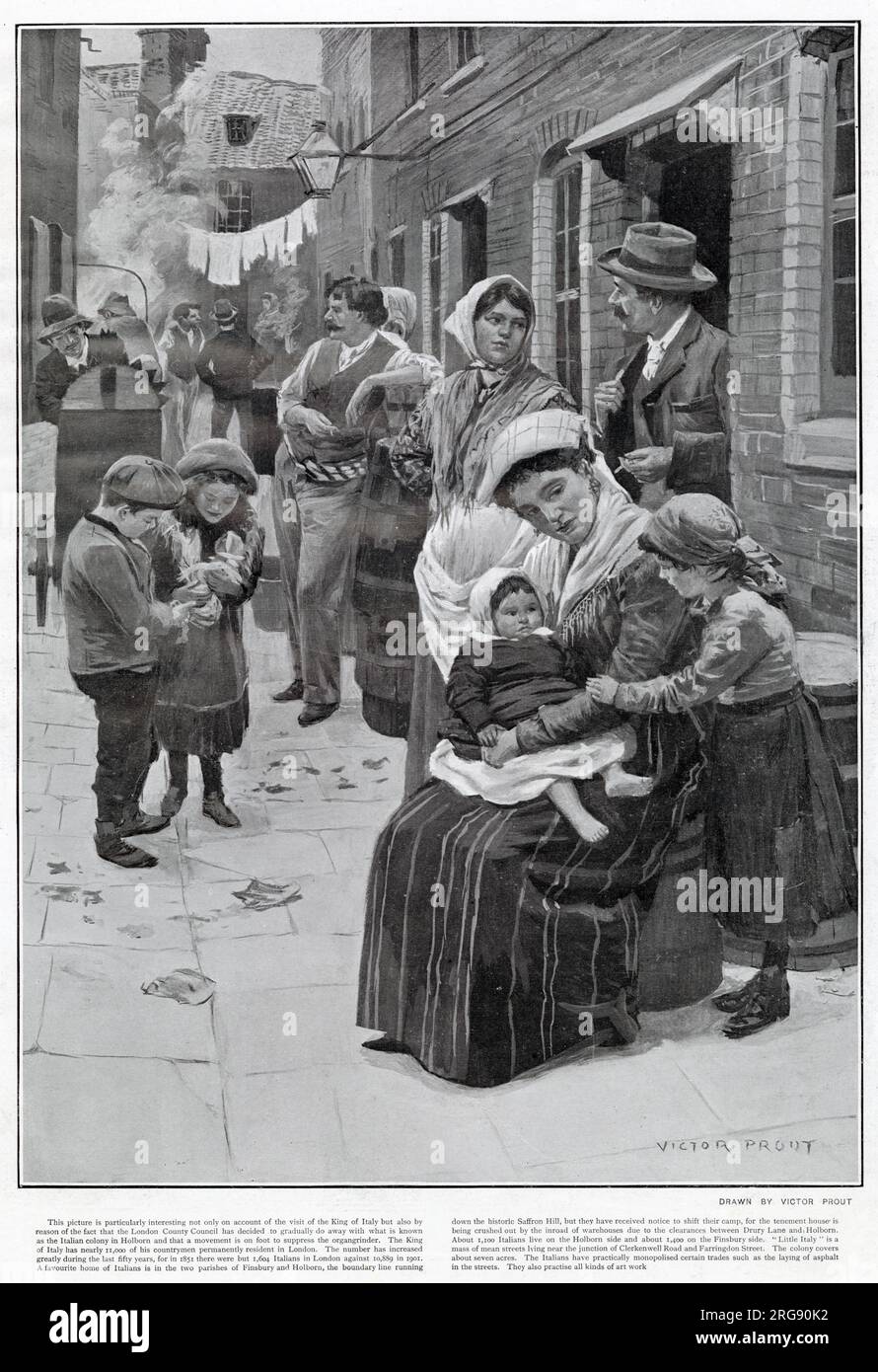 Malerische Illustration einer italienischen Gemeinde, die in der Leather Lane in London lebt. Der Bezirksrat hatte damals beschlossen, dass sie nach und nach eine Kolonie italienischer Menschen, die in Holborn und Finsbury zusammenleben, wegen Überbelegung beseitigen würden. Stockfoto