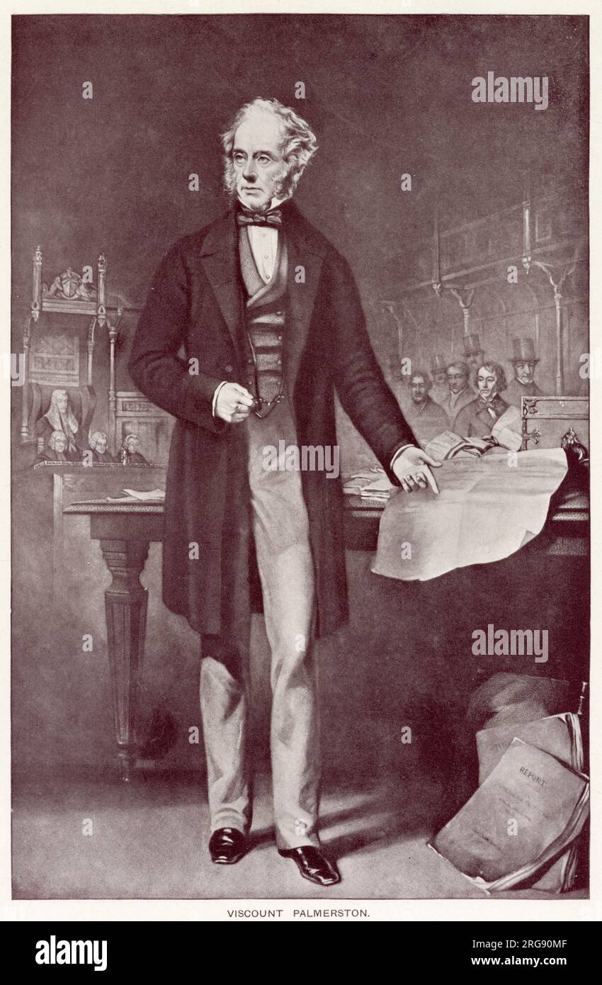 Henry John Temple, 3. Viscount Palmerston (1784 - 1865), britischer Staatsmann und zweimal Premierminister des Vereinigten Königreichs in der Mitte des 19.. Jahrhunderts. Stehen in den Houses of Parliament, London. Stockfoto