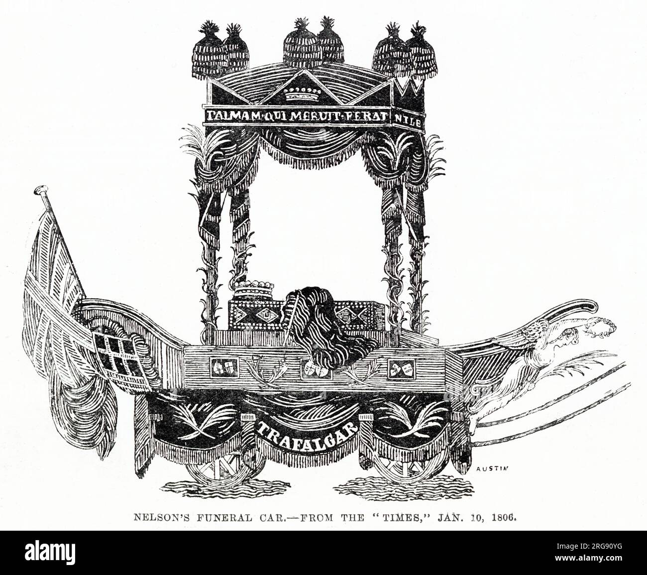 Detaillierter Holzschnitt der Begräbniskutsche von Admiral Lord Horatio Nelson, getötet in der Schlacht von Trafalgar am 21. Oktober 1805. Das eleaborate Auto wurde nach Nelsons Flaggschiff The Victory modelliert. Stockfoto