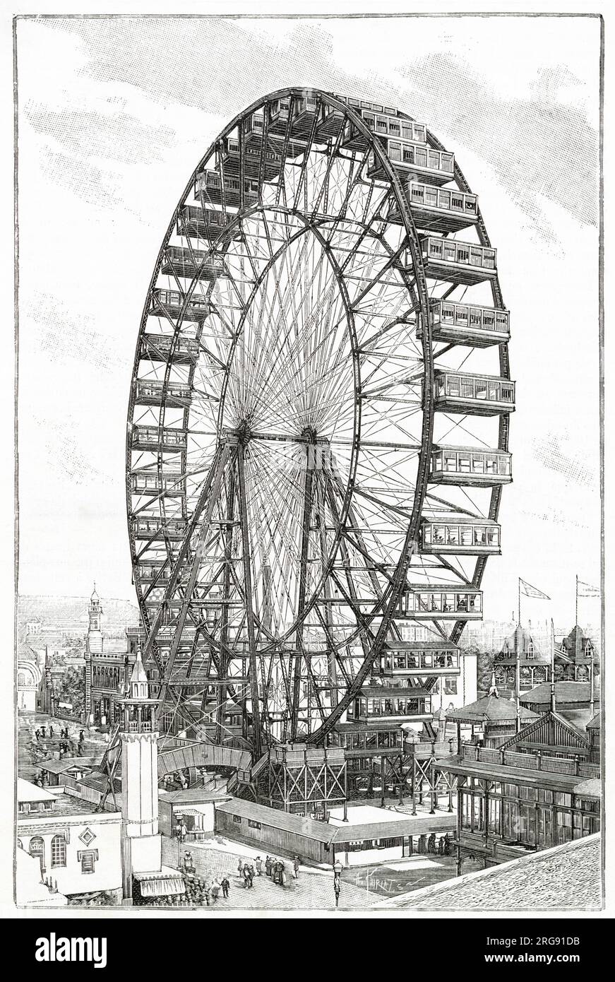 Attraktion auf der Chicago's World's Fair, entworfen und gebaut von George Washington Gale Ferris Jr. Das Riesenrad namens Chicago Wheel hatte 36 Pendel-Autos mit jeweils 40 Passagieren und 1.440 Personen auf seiner Höhe. Stockfoto