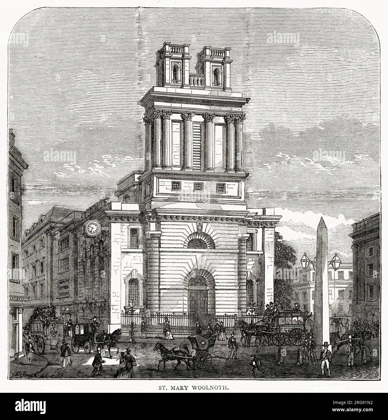 Außenansicht von St. Mary Woolnoth, anglikanische Kirche, an der Ecke Lombard Street und King William Street in der Nähe der Kreuzung Bank. Stockfoto