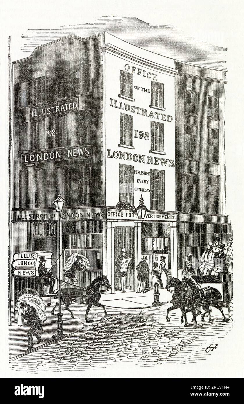 Außenansicht des Verlagsbüros von "The Illustrated London News", 198 Strand an der Ecke Milford Lane London. Als es gegründet wurde, wurde das Wochenmagazin jeden Samstag veröffentlicht. Es kostete 6 Pence und verkaufte 26.000 Exemplare. Stockfoto