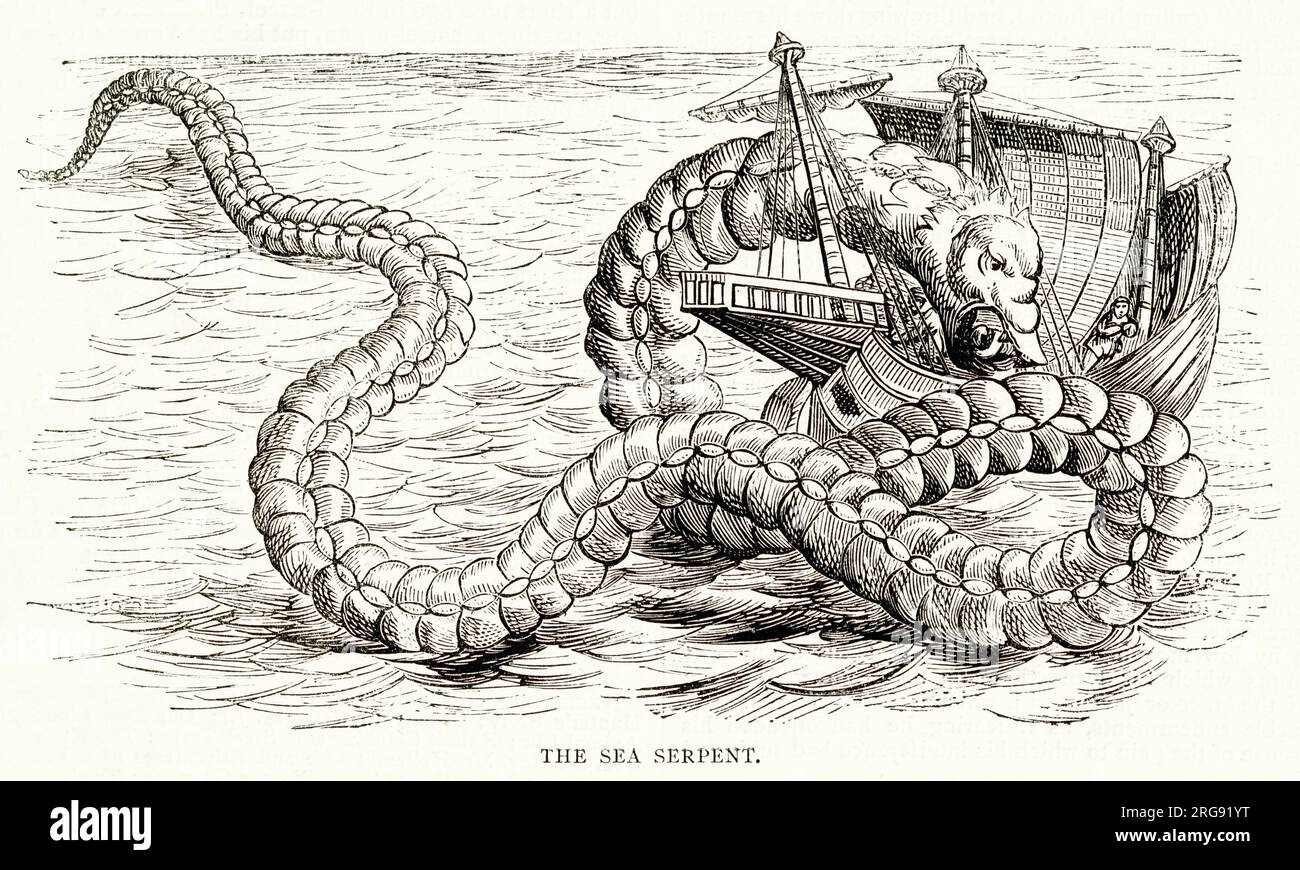 Eine riesige Seeschlange, die ein Schiff angreift. Stockfoto