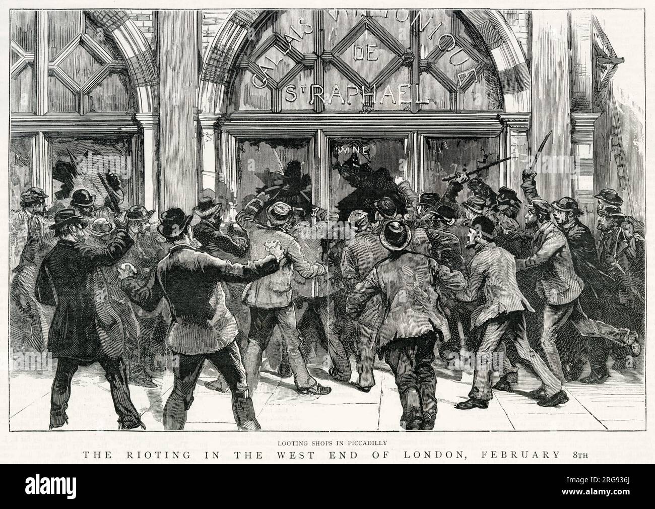 Plünderungen in Piccadilly, London. Am Trafalgar Square fand ein Treffen der Arbeitslosen statt, das sich in zwei Gruppen unterteilte: Die "Fair Trade League" und die "revolutionären Sozialdemokraten". Der größte Teil des Treffens verteilte sich und die anderen marschierten durch das West End, zerschmetterten die Fenster der Clubs und zerstörten und raubten zahlreiche Geschäfte aus. Stockfoto
