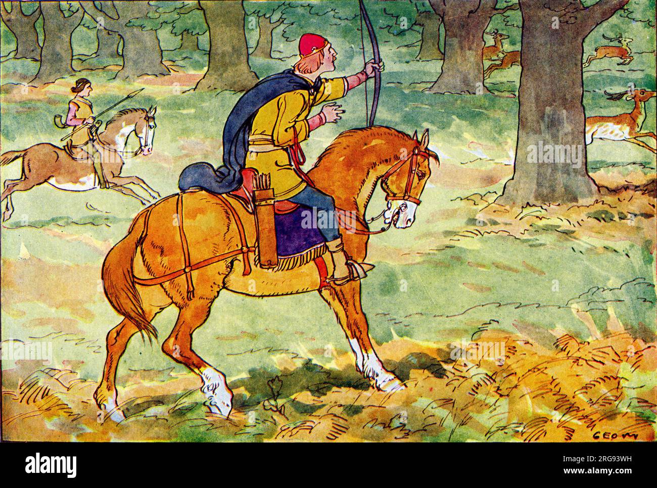 König William Rufus (der Rote König) (1087-1100) vermisst einen großen Hirsch mit seinem Pfeil, während er im New Forest jagte - er rief seinen Freund Walter Tyrel an, der einen Pfeil fliegen ließ, aber durch Zufall traf er den König in seinen Augen und er fiel tot. Stockfoto