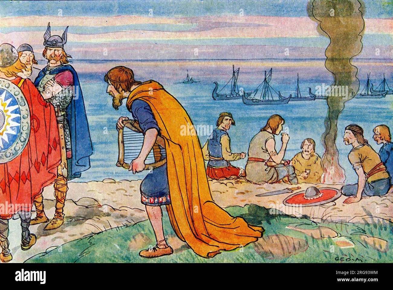König Alfred der große (849–899), verkleidet als wandernder Harfist, der das Lager von Guthrum, König der dänischen Wikinger in der Danelaw, infiltriert, um ihre Pläne herauszufinden. Stockfoto