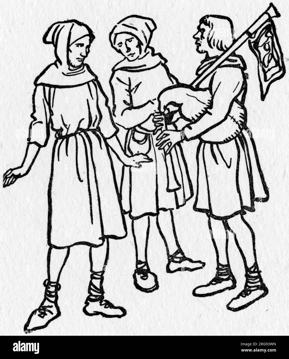 Frühe mittelalterliche englische Bauern, einschließlich eines Bagpipe-Spielers. Stockfoto