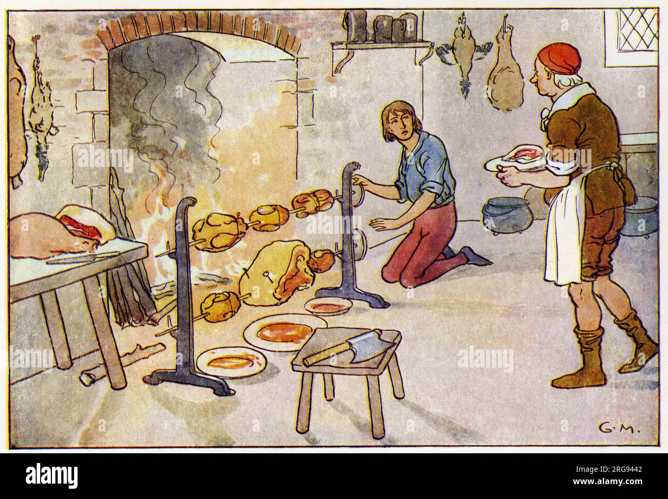 Lambert Simnel (ca. 1477–ca. 1525) - Thronpräsident Englands. Sein Anspruch, Edward Plantagenet zu sein, 17. Earl of Warwick, im Jahr 1487, bedrohte die neu etablierte Herrschaft von König Heinrich VII Simnel wurde zur Galionsfigur einer Yorkistischen Rebellion, organisiert von John de la Pole, Earl of Lincoln, einer Rebellion, die 1487 zerschlagen wurde. Simnel wurde begnadigt und danach vom königlichen Haushalt als Skullion (wie in dieser Abbildung dargestellt) und später als Falkner beschäftigt. Stockfoto