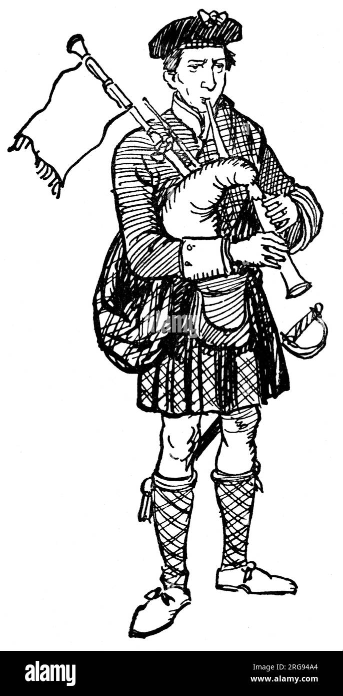 Ein schottischer Jakobitensoldat, der Dudelsack spielt. Stockfoto