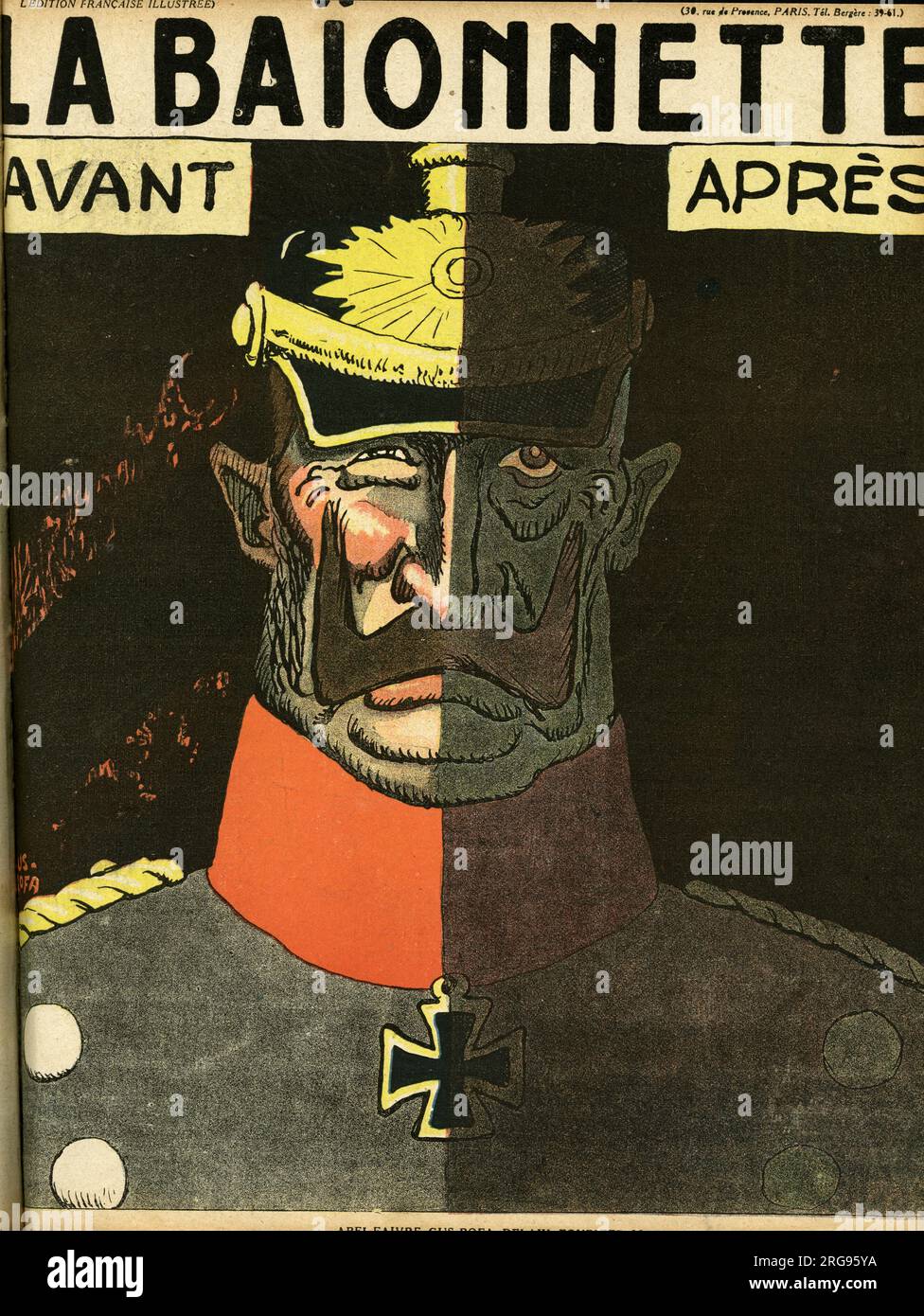 Design der Vorderseite für La Baionnette mit einer Kopf- und Schulterkarikatur von Kaiser Wilhelm in den Staaten „vorher“ und „danach“, um zu zeigen, wie der erste Weltkrieg ihm und seinem Land Schaden zufügt. Stockfoto