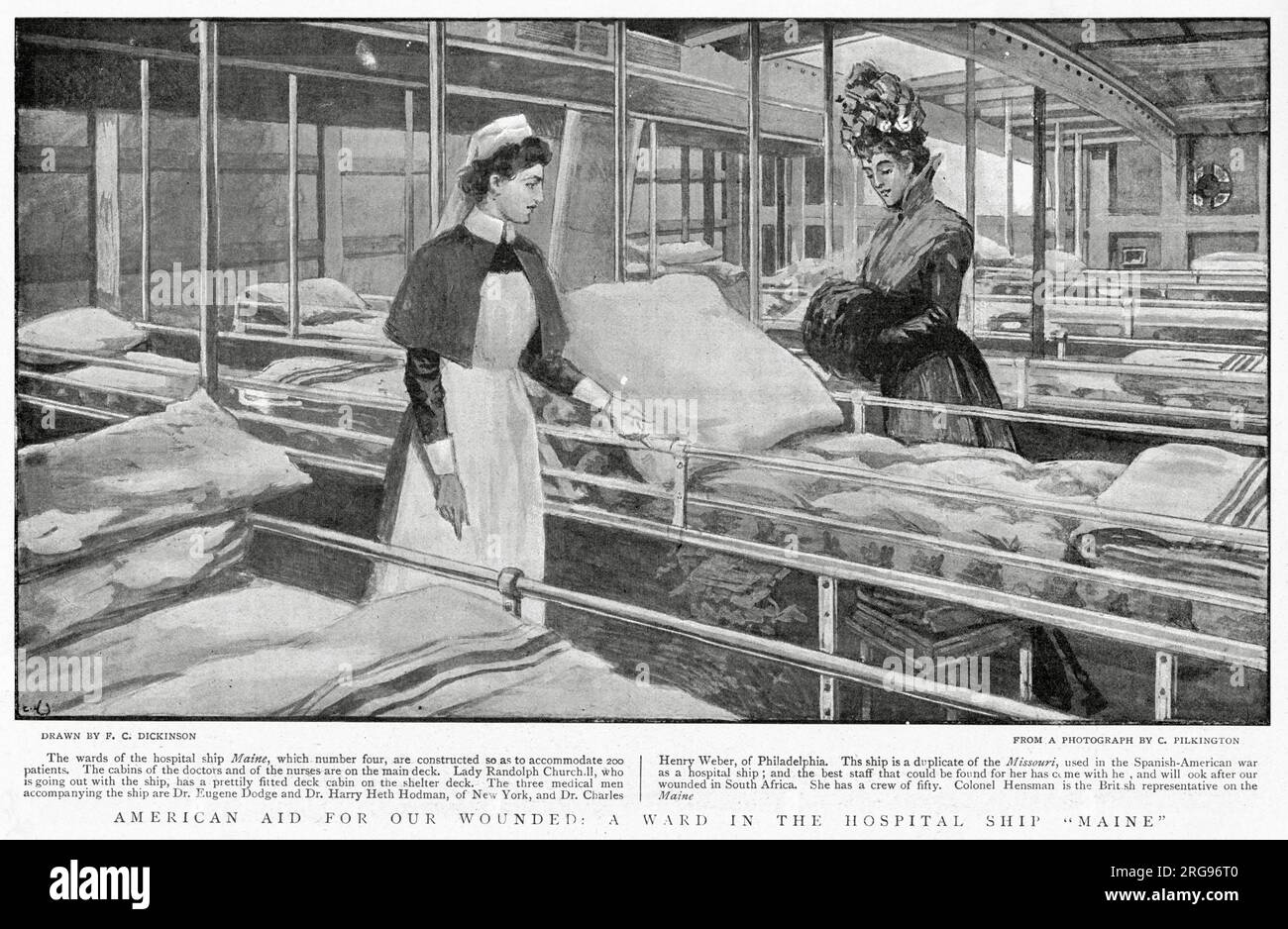Das amerikanische Krankenhausschiff RFA Maine wurde gebaut, um 200 Verletzte aufzunehmen. Die Zeichnung zeigt Lady Randolph Churchill, Krankenschwester auf dem Kriegsschiff, für das sie die Auszeichnung des Roten Kreuzes (RRC) bei den South Africa Honours 1902 erhielt. Stockfoto