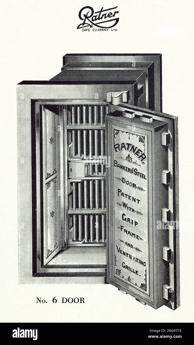Ratner Strong Zimmertür, Nr. 6, Banker-Patenttür aus Stahl mit Griffrahmen und Lüftungsgitter. Stockfoto