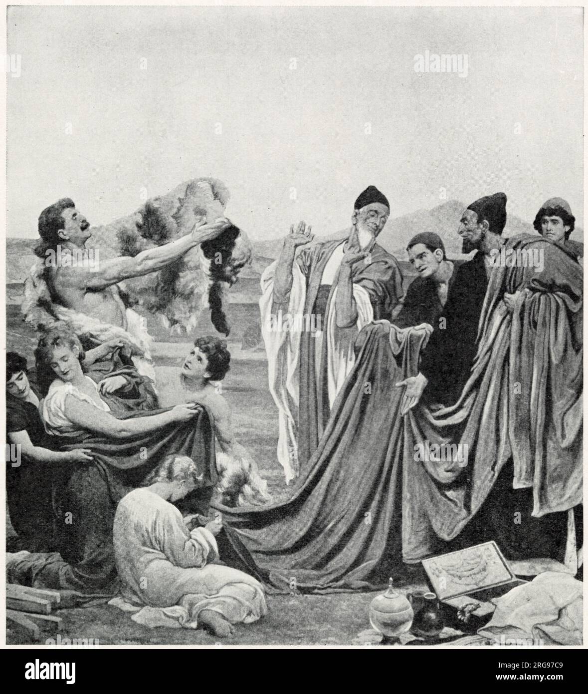 Phönizier handeln mit frühen Briten, tauschen bunte Tücher gegen Tierhäute und Pelze aus. Stockfoto