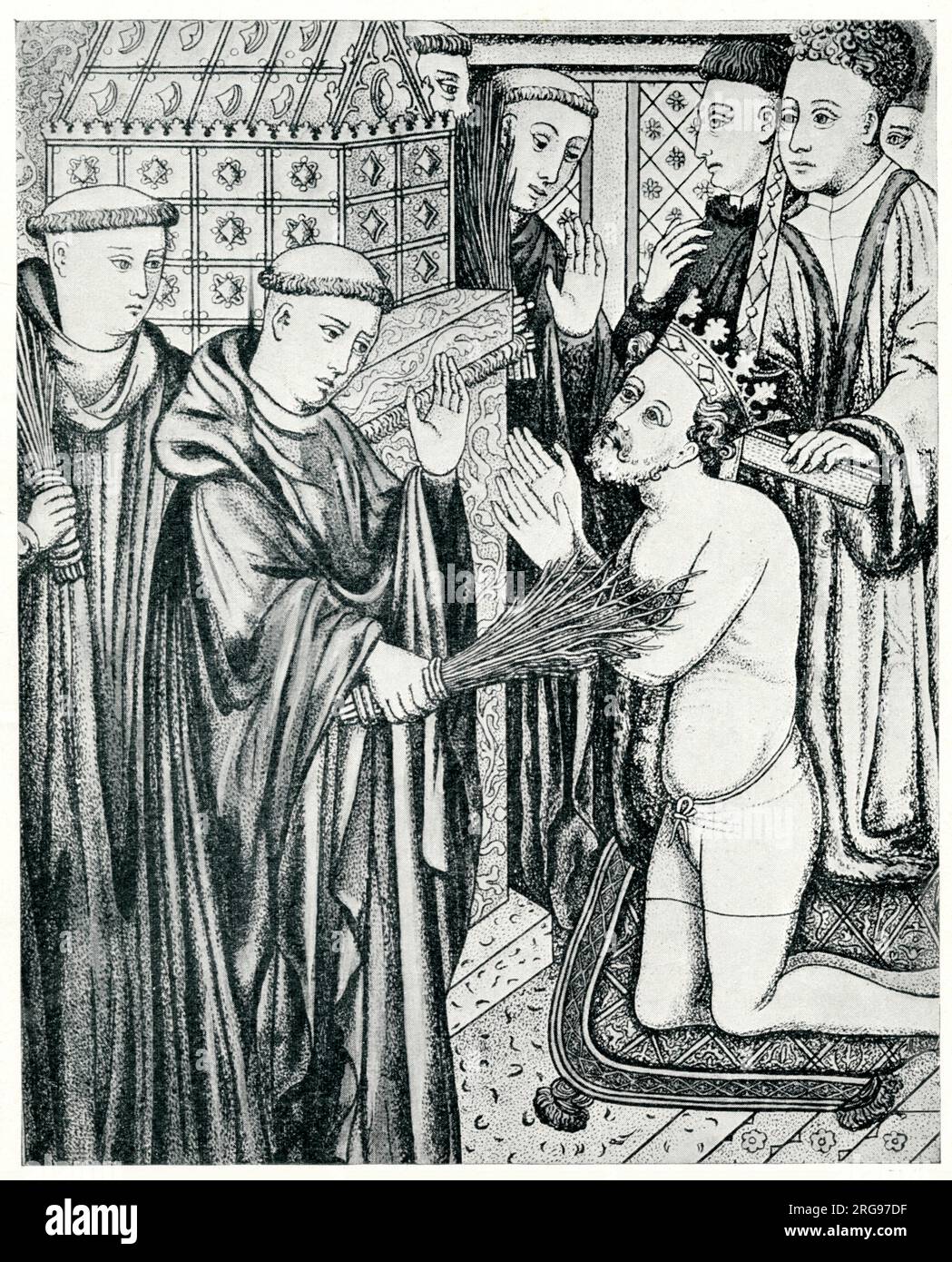 König Heinrich II., der vor dem Grab Beckets in der Kathedrale von Canterbury Buße tut. Bis zur Hüfte ausgezogen und kniend, wird er von Mönchen mit Birkenzweigen gegeißelt. Stockfoto