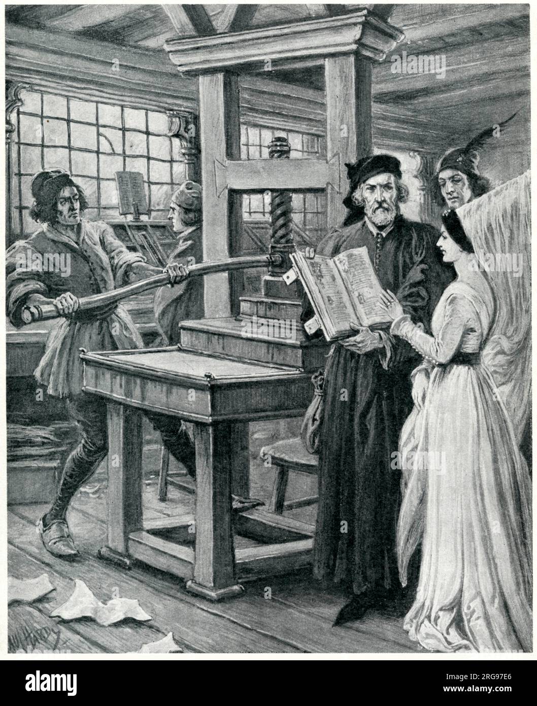 William Caxton und seine Druckerpresse Westminster, London. Seine Besucher hier sind wahrscheinlich König Edward IV. Und seine Königin Elizabeth Woodville. Stockfoto