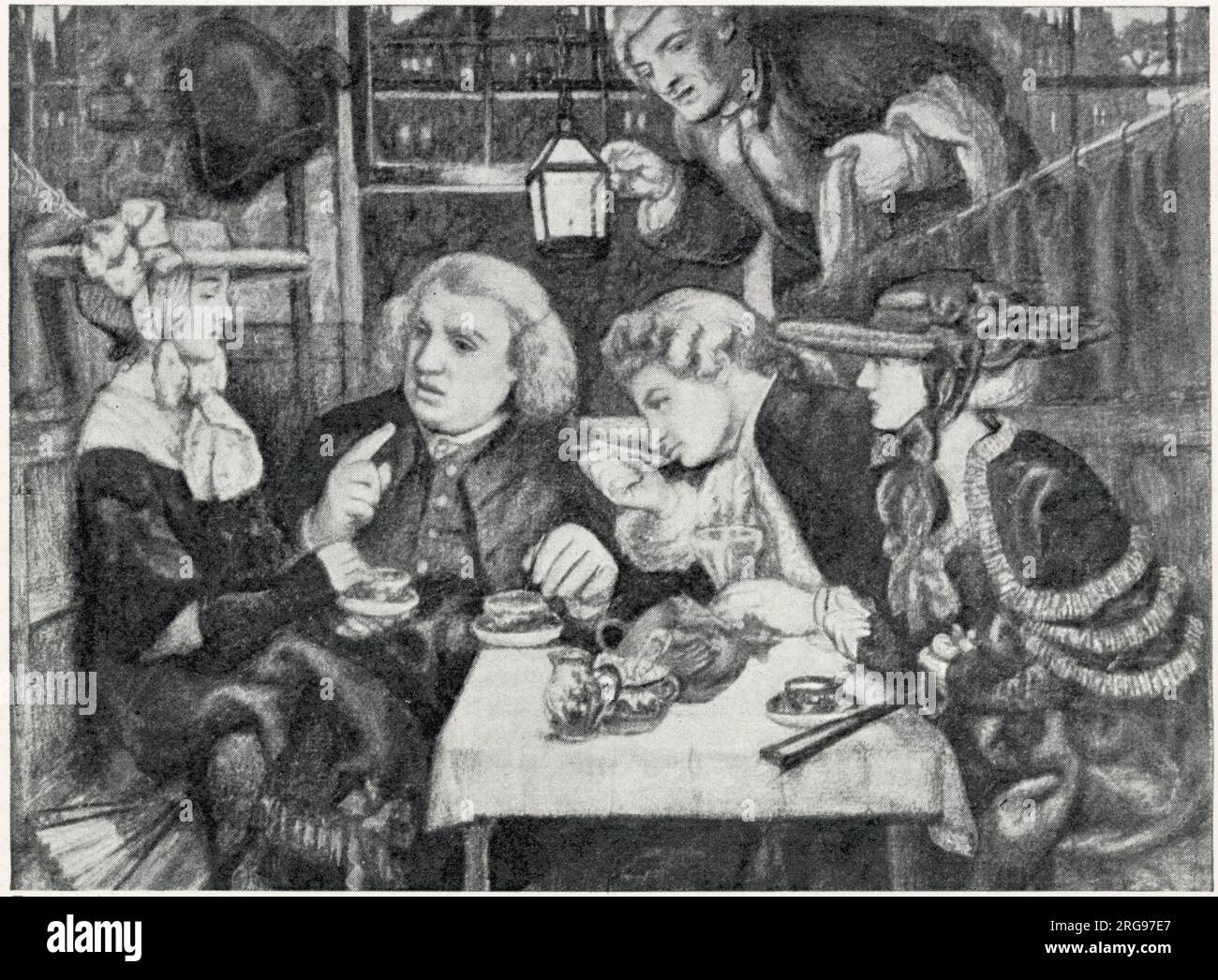 Dr. Samuel Johnson unterhält sich mit Freunden in der Mitre Tavern, London. Stockfoto