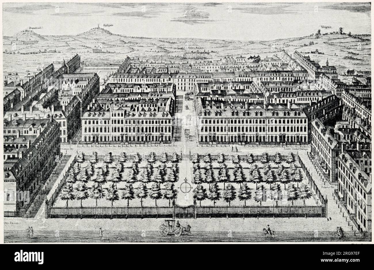 Luftaufnahme auf den Red Lion Square, Holborn, London, in etwa 1730, mit Feldern in der Nähe. Die Dörfer Hampstead, Highgate und Islington sind am Horizont zu sehen. Stockfoto