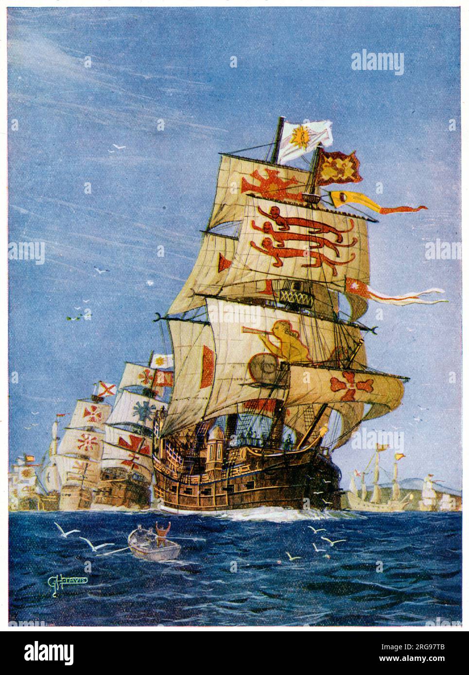 Spanische Armada setzt am 18. Mai 1588 die Segel nach England - etwa 130 Schiffe mit 24.000 Soldaten und Matrosen an Bord. Stockfoto