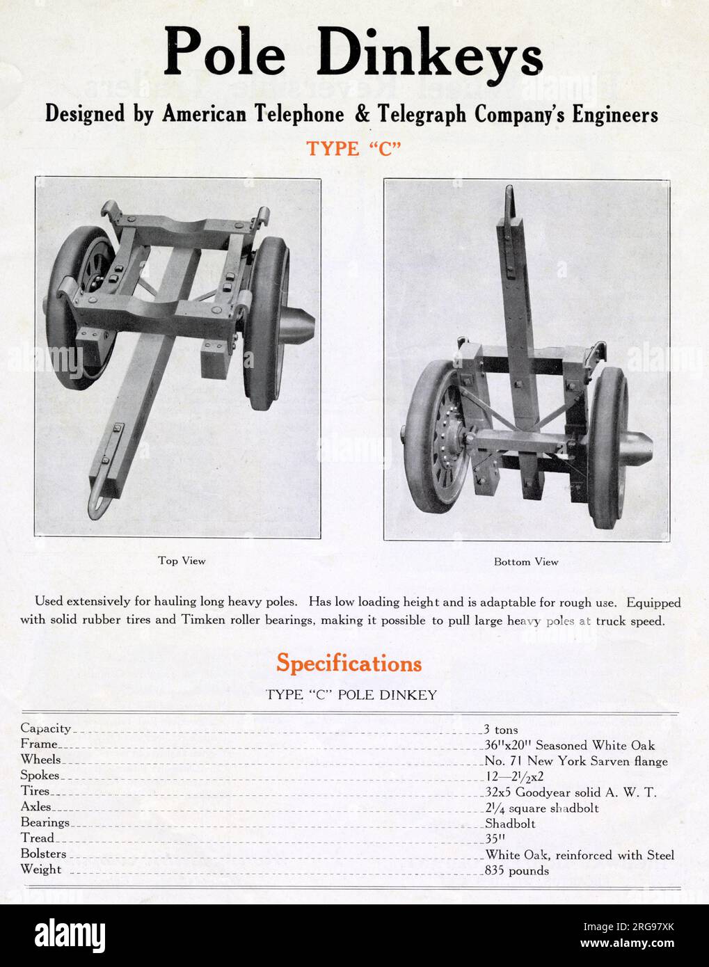 Typ-C-Pol-Dinkeys, Ansicht von oben und unten, entwickelt von den Ingenieuren der American Telephone & Telegraph Company. Wird häufig für den Transport langer schwerer Stangen verwendet, die mit Vollgummireifen ausgestattet sind. Mit den Spezifikationen unten. Stockfoto