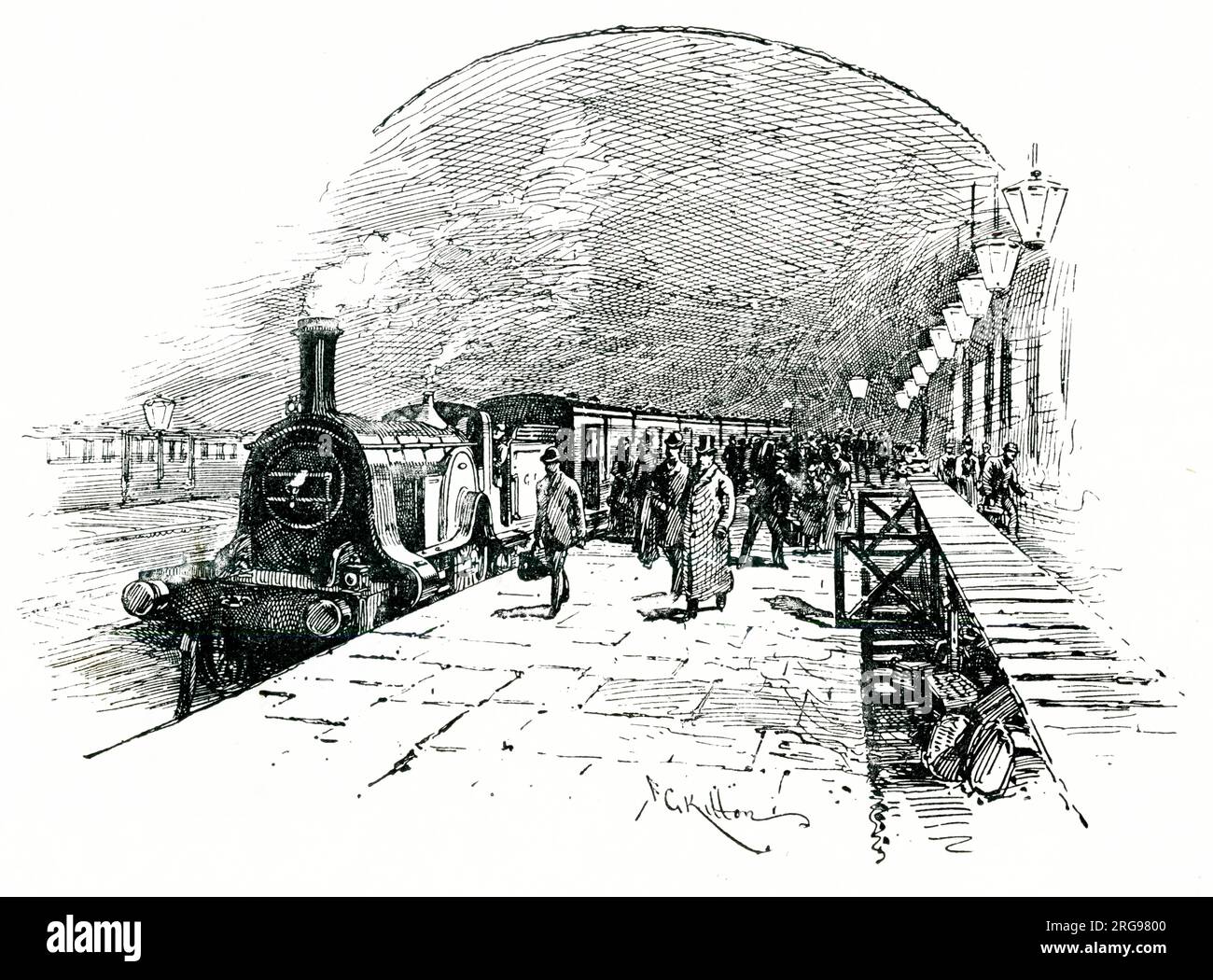 Ankunft der Dampfmaschine in King's Cross, Bahnhof, London. Stockfoto