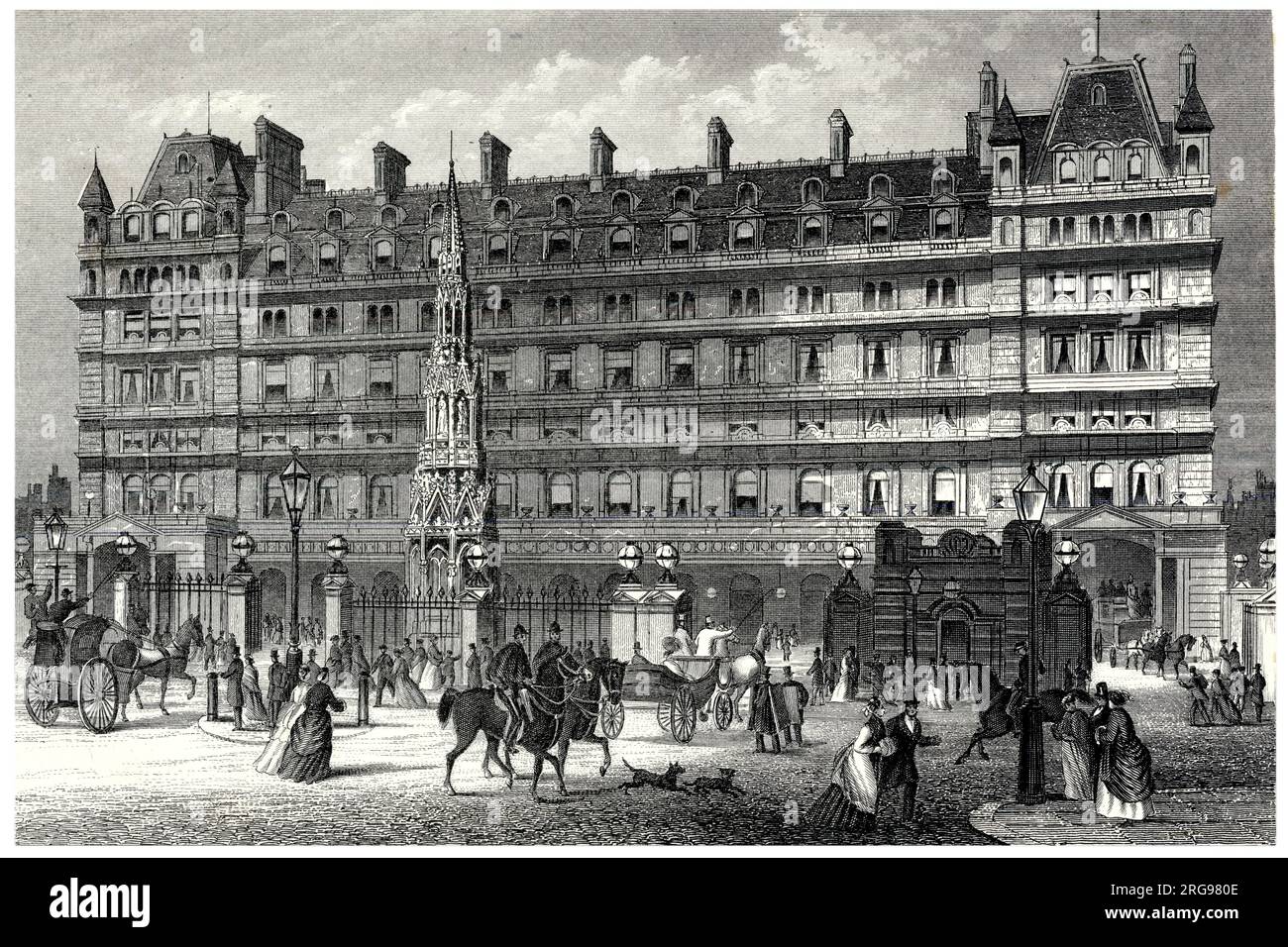 Eine detaillierte Außenansicht mit Gravur vor der Charing Cross Station im 19. Jahrhundert. Stockfoto