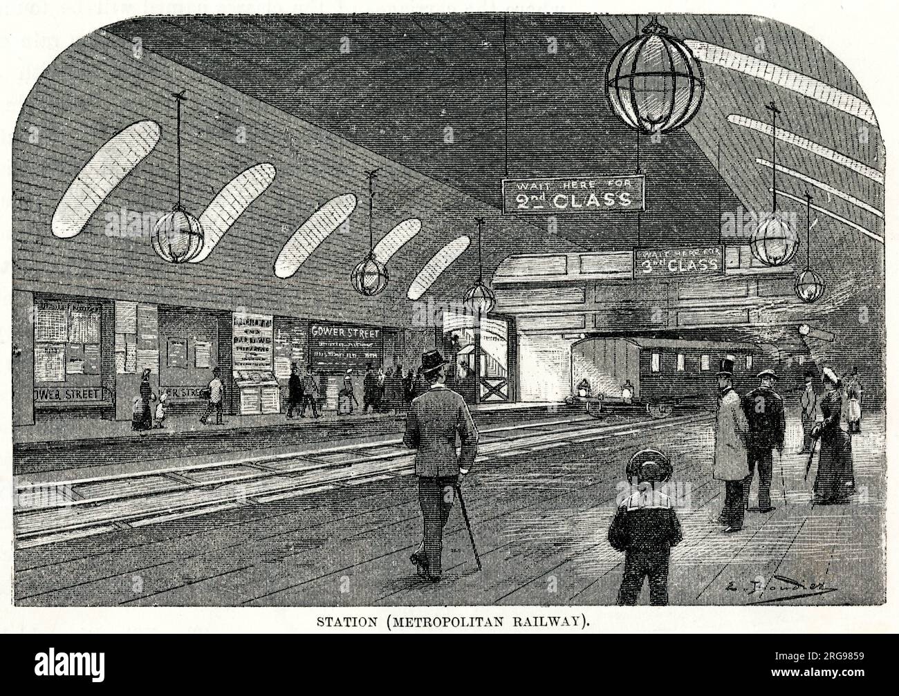 Bahnsteig an der Gower Street Station, einer der ersten Stationen der Metropolitan U-Bahn, London. Sie wurde später in Euston Square Station umbenannt. Stockfoto