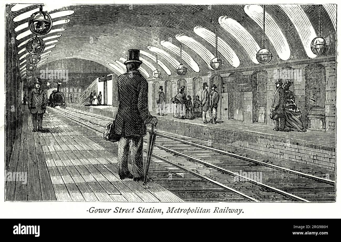 Bahnsteig an der Gower Street Station, einer der ersten Stationen der Metropolitan U-Bahn, London. Sie wurde später in Euston Square Station umbenannt. Stockfoto