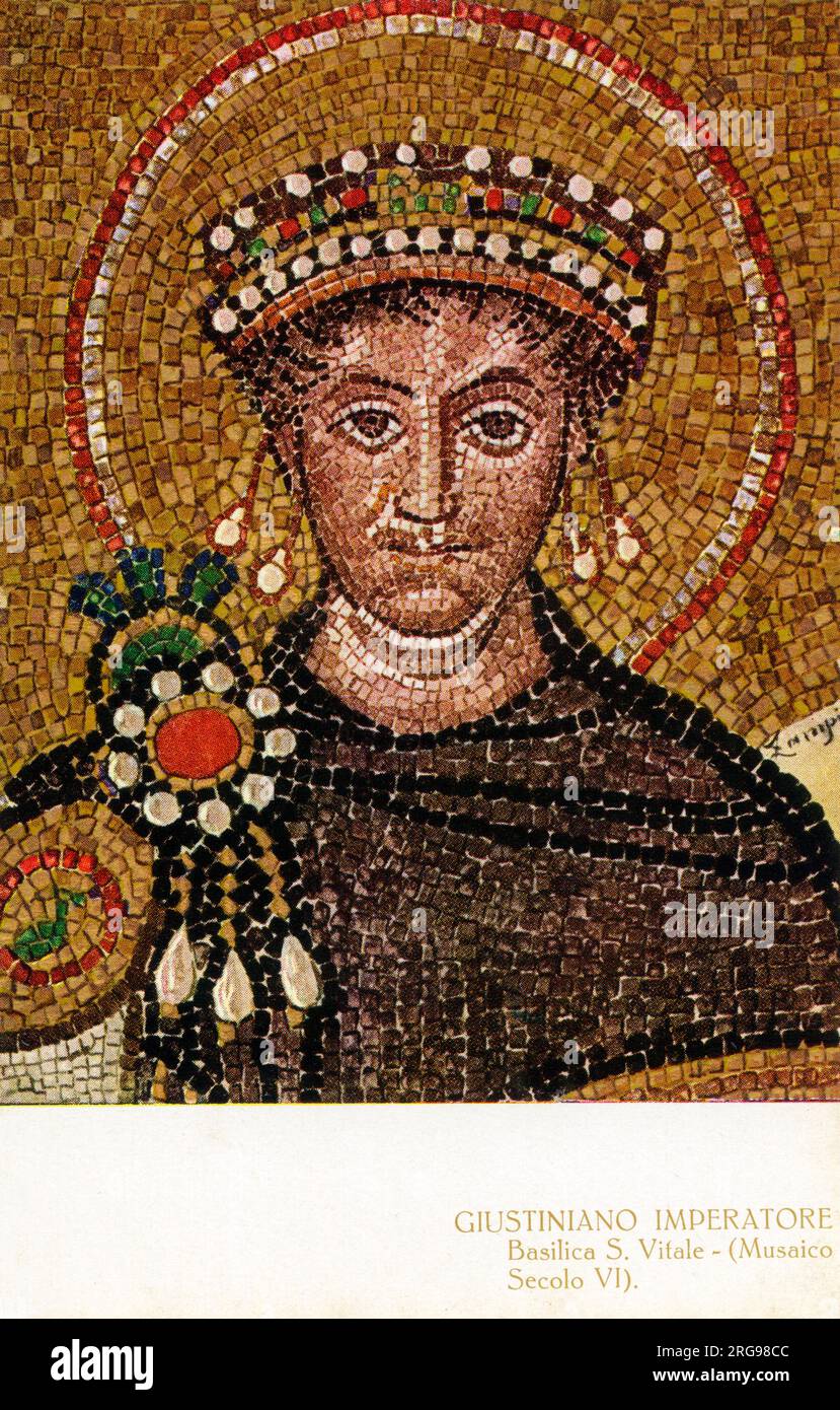 Detail des Kaisers Justinian I (483-565), aus dem Mosaik in der Apse in der Basilika San Vitale, Ravenna, Emilia-Romagna, Italien. Eines der wichtigsten noch existierenden Beispiele der frühchristlich-byzantinischen Kunst und Architektur in Europa. Stockfoto