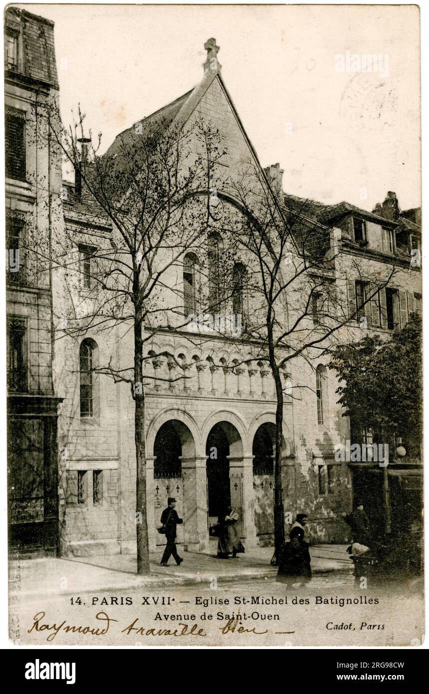 St Michel des Batignolles Church, Avenue de St Ouen, 17. Arrondissement, Paris, Frankreich. Stockfoto