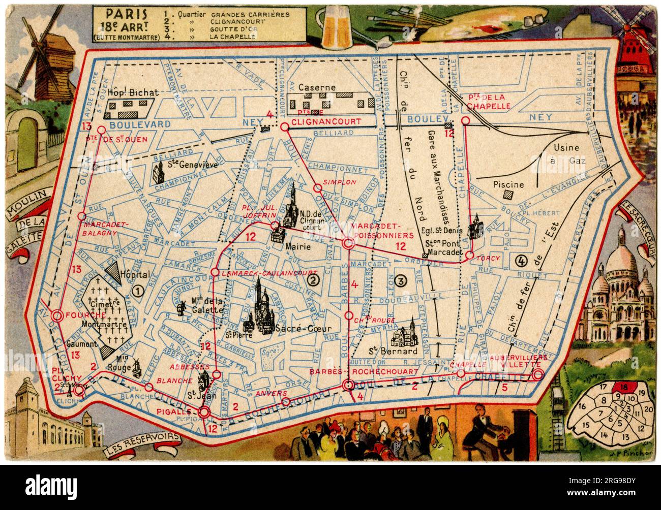 Karte des Butte Montmartre, 18. Arrondissement, Paris, Frankreich. Stockfoto