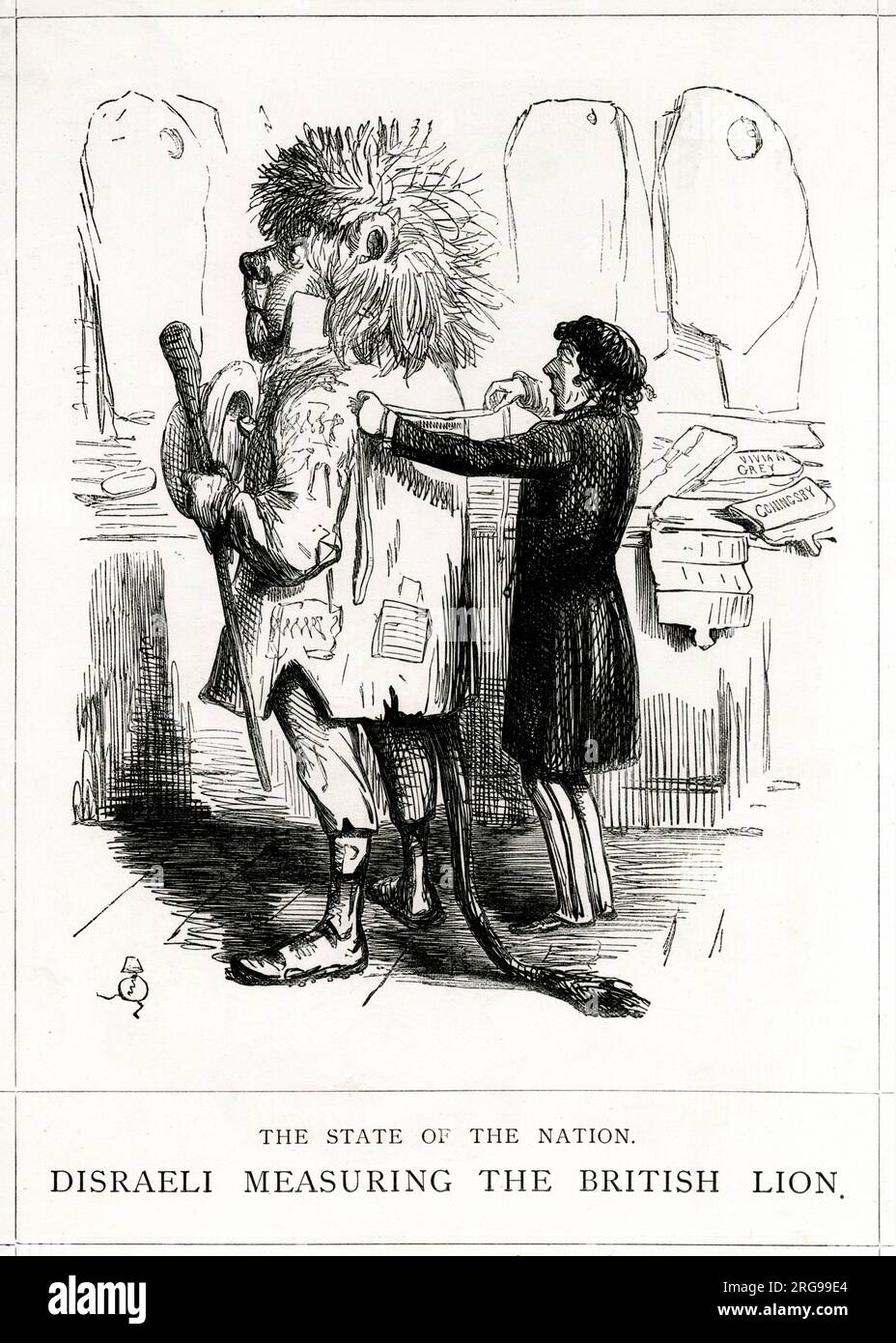 Cartoon, der Staat der Nation, Disraeli misst den britischen Löwen. Der Antrag von Herrn Disraeli auf Einsetzung eines Sonderausschusses zur Prüfung der Lage der Nation als Folge der Aufhebung des Maisgesetzes wurde mit großer Mehrheit abgelehnt. Stockfoto