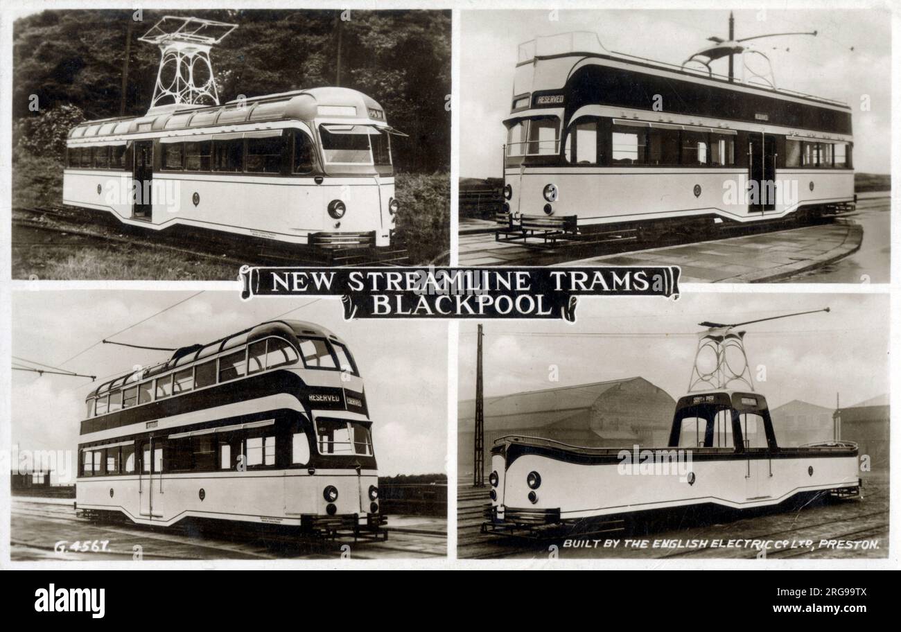 Blackpools 'luxuriöse' Strassenbahn, einschließlich Doppel- ('Ballon') und Eindeckervarianten und einer voll offenen Bootsbahn. Viele dieser alten Straßenbahnen sind noch in Betrieb, werden von Enthusiasten und dem Geld von Urlaubern gewartet, die das Resort berühmt gemacht haben. Die Straßenbahn Blackpool verkehrt von Blackpool nach Fleetwood an der Fylde Coast in Lancashire, England, und ist die einzige noch existierende Straßenbahn der ersten Generation in Großbritannien. Erbaut von der English Electric Company in Preston, Lancashire. Stockfoto